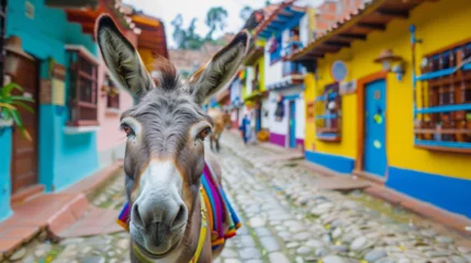 Zelfklevend Fotobehang Donkey on the street of colonial city.  © Vika art