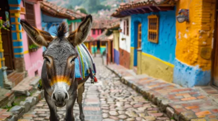 Poster Donkey on the street of colonial city.  © Vika art