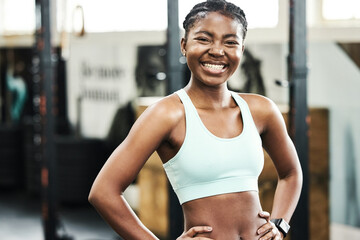 Fitness, portrait and confident sports black woman in gym for training, wellness or workout. Body,...