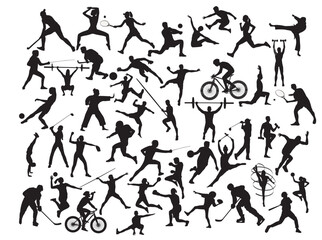 Sports, set of athletes of various sports disciplines. Isolated vector silhouettes. Run, soccer, hockey, volleyball, basketball, rugby, baseball, american football, cycling, golf 