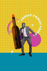 Vertical photo collage of happy american guy hold huge beer bottle friday hangover wear heart suit valentine isolated on painted background - obrazy, fototapety, plakaty