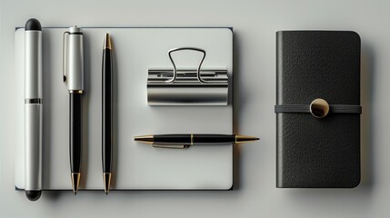 A minimalist set of essential office items including a silver stapler, black pens, and a closed...