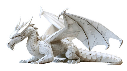Dragon Create a 3D minimal dragon sculpture using geometric shapes and clean lines against a white backdrop.