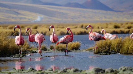 Obraz premium High-altitude lagoon and volcanoes in Altiplano platea