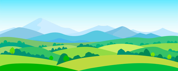 Vector illustration of a beautiful landscape with mountains, fields, meadows and blue sky. Natural landscape in a rustic style.