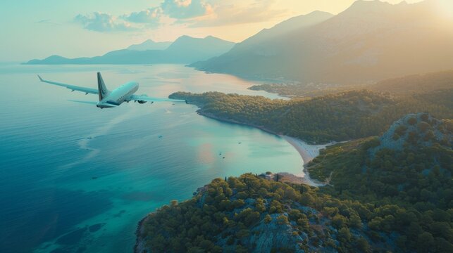 A white passenger plane flies over a group of islands and the sea at sunrise in the summer. The landscape includes mountains, forest, a clear sky, and blue water. This image evokes feelings of travel