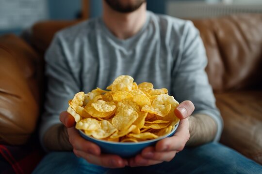 Young man holding a bowl of potato chips in his hands at home in his sofa for movie night in front of the tv 