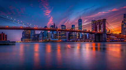 Sunset view of Brooklyn Bridge with Manhattan skyline in the background