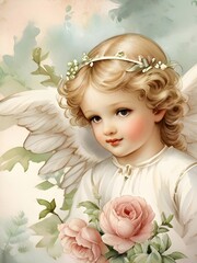 Little angel with a bouquet of pink flowers. Watercolor illustration for design, greeting card, template, artwork, background