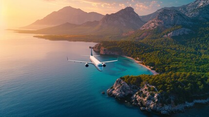 A white passenger plane flies over a group of islands and the sea at sunrise in the summer. The landscape includes mountains, forest, a clear sky, and blue water. This image evokes feelings of travel