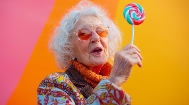 Portrait of a senior woman gray hair, with yellow lollipop, colorful background, happiness, joy, pop colorism. 
