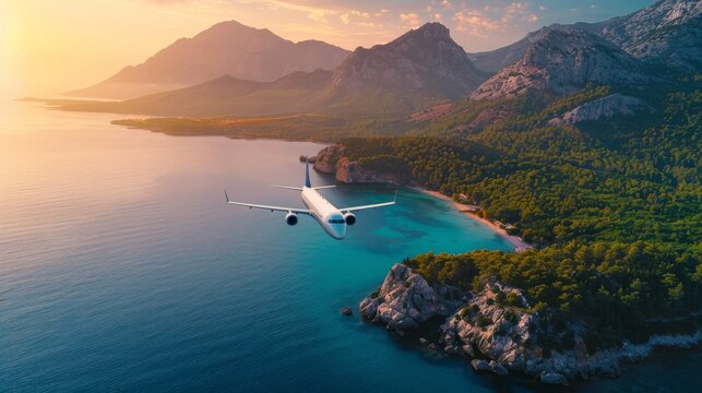 A white passenger plane flies over a group of islands and the sea at sunrise in the summer. The landscape includes mountains, forest, a clear sky, and blue water. This image evokes feelings of travel