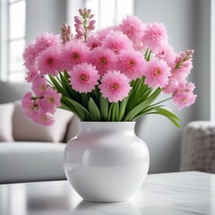 Bouquet of pink flowers in a white vase near the window