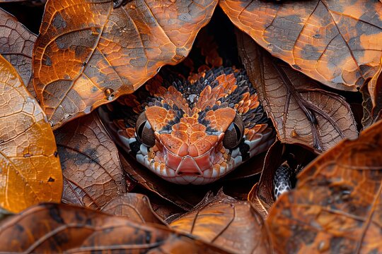 Copperhead Snake: Blending into fallen leaves with its cryptic coloration, representing camouflage
