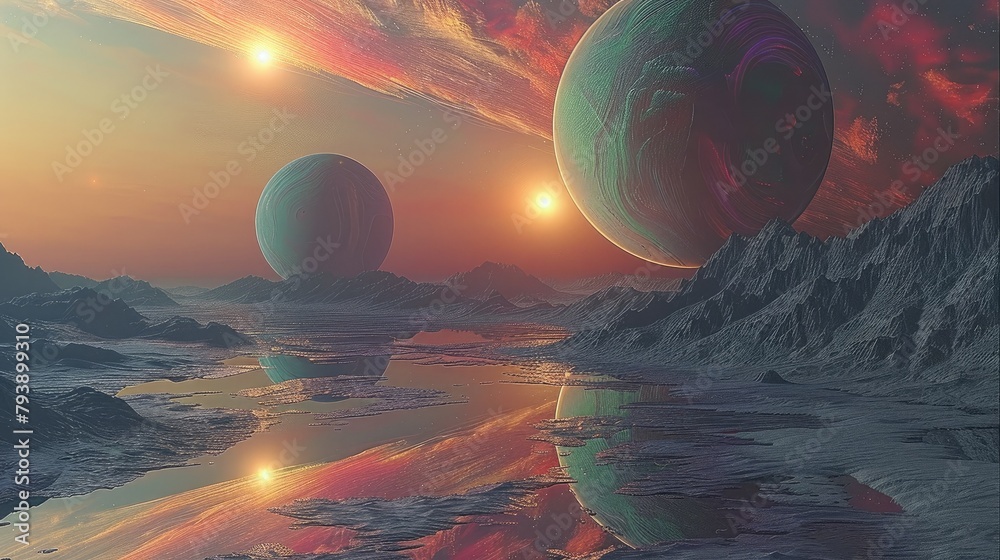 Poster a beautiful view of two alien earth like moons around a colorful gas giant. generative ai.
