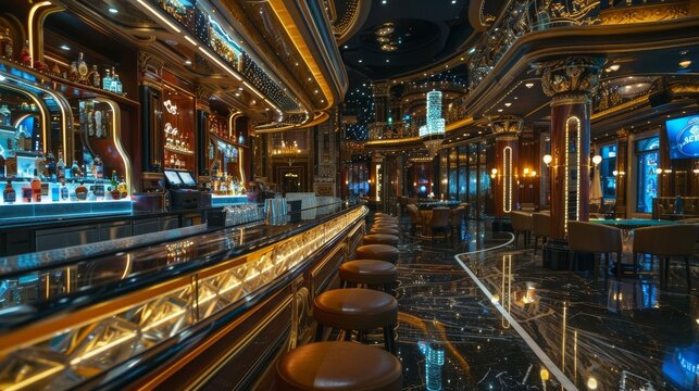 Luxury and Glamour: A photo of a casino bar, featuring a glamorous design, premium drinks