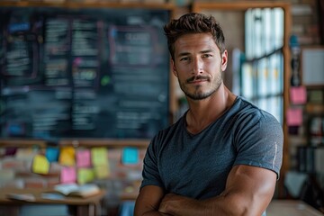 A man with a beard stands in front of a chalkboard with a menu on it. He is wearing a black shirt and has his arms crossed