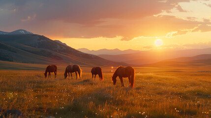 Fototapeta na wymiar Horses grazing in the mountains at sunset. 