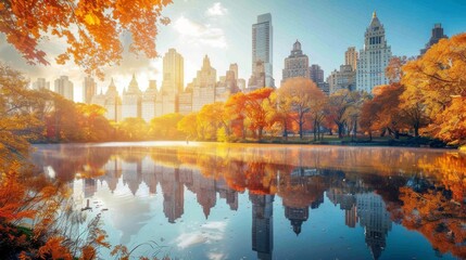 Central park in New York City in sunny autumn - obrazy, fototapety, plakaty