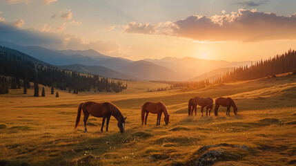Fototapeta na wymiar Horses grazing in the mountains at sunset. 
