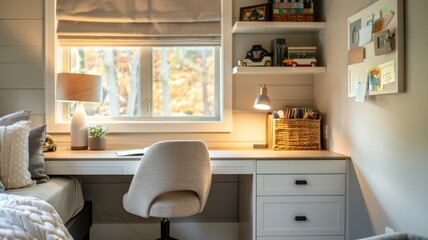 cozy, well-lit corner of the child's bedroom has been transformed into a workplace for homework with a small desk, ergonomic chair and organized shelves