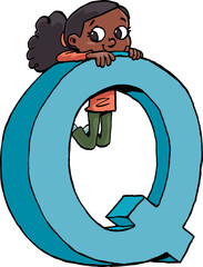 girl hanging on the capital letter Q