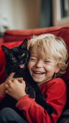 Laughing blond boy playing with black cat in a red armchair, happy moment. Photo-like illustration.