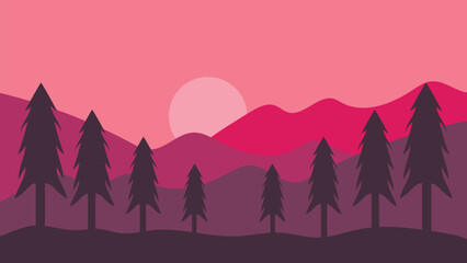  Sunset mountains landscape. pine trees and mountains silhouettes. Vector forest background