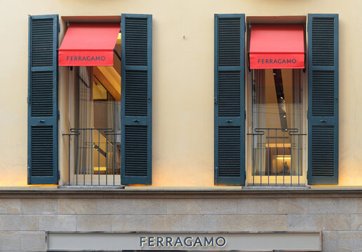 MILAN, ITALY &ndash; APRIL 11, 2024: Red marquise with logo on windows in Via Monte Napoleone. Ferragamo is an Italian luxury fashion brand headquartered in Florence since 1927