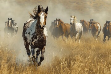 American Paint Horse in the Herd and Running, 8K Landscape Photo Realistic  - obrazy, fototapety, plakaty