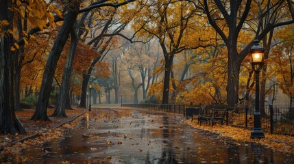 Rainy day in Central Park USA during Fall