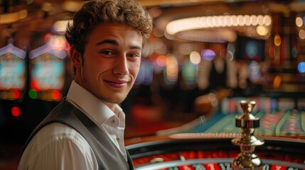 Roulette Croupier: A photo of a croupier at a casino, standing confidently next to the roulette wheel - obrazy, fototapety, plakaty