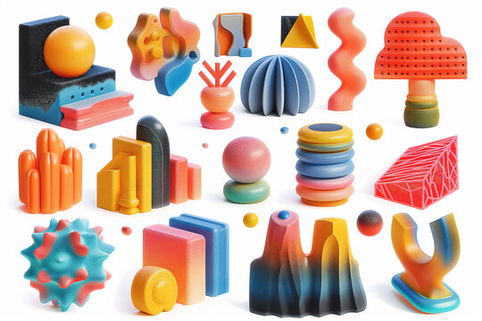 The collection clipart isolate items featuring a various of playful geometry Collection of various 3D plastic cute vector shapes. abstract forms, all playful creativity and whimsical