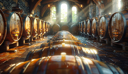 Wine barrels stacked in the old cellar of the winery - obrazy, fototapety, plakaty