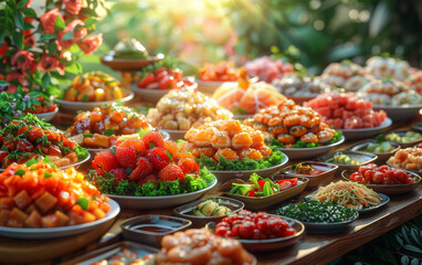 Assorted fresh fruits and berries in the buffet - obrazy, fototapety, plakaty