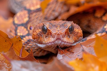 Copperhead Snake: Blending into fallen leaves with its cryptic coloration, representing camouflage