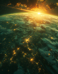 Fototapeta na wymiar Earth from space at night with city lights and atmosphere during sunrise 3D rendering elements