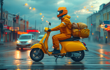 Courier on motorcycle in the rain