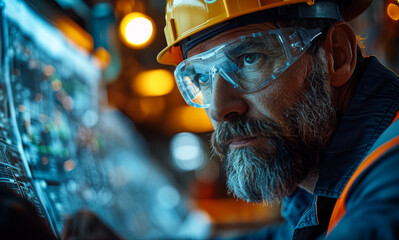 Close-up portrait of mature industrial worker wearing hardhat and safety glasses looking at the screen of machine in factory.
