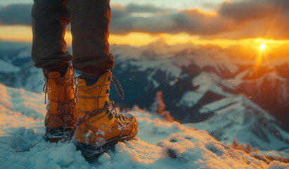 Hiker in orange boots stands on snow-covered mountain at sunset