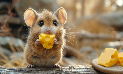 Wild wood mouse sitting on stump and eating cheese in the forest - obrazy, fototapety, plakaty