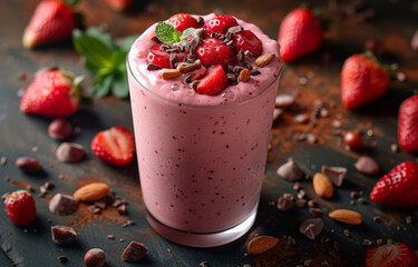 Strawberry smoothie with chocolate and nuts in glass on dark rustic wooden background - obrazy, fototapety, plakaty
