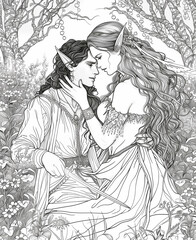 Coloring book for teenagers and adults, love fairy couple hugging in the forest