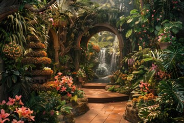Beautiful tropical garden with waterfall, flowers and plants in the botanical garden - obrazy, fototapety, plakaty