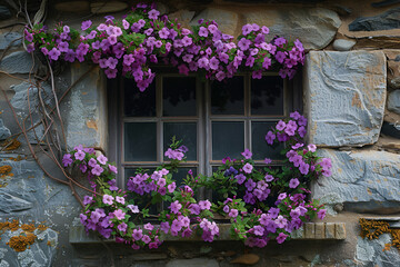 Fototapeta na wymiar Purple Fairy Window Flowers flowers in a window 3D Image