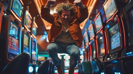 Winning and Celebration: A photo of a person jumping in the air with fists clenched after winning a game at a casino