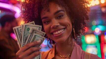 Winning and Celebration: A photo of a person holding a stack of cash and smiling widely after a big win at a casino - obrazy, fototapety, plakaty
