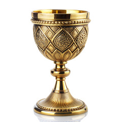 Elegant golden goblet with ornate carved details on pedestal