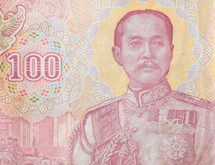 Portrait of the king on 100 Thai Baht