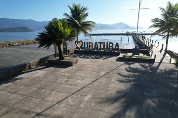 Welcome sign of Ubatuba, seen from drone